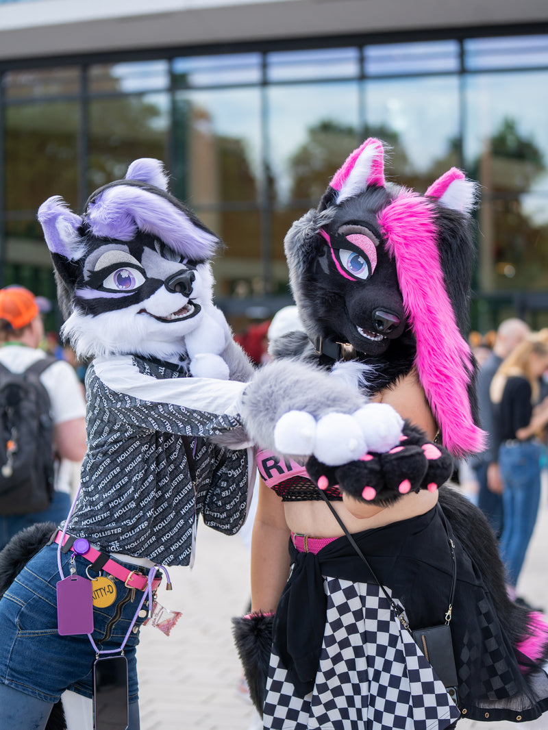 Two people in animal-themed costumes with checkered outfits and colorful hairstyles in an outdoor setting.
