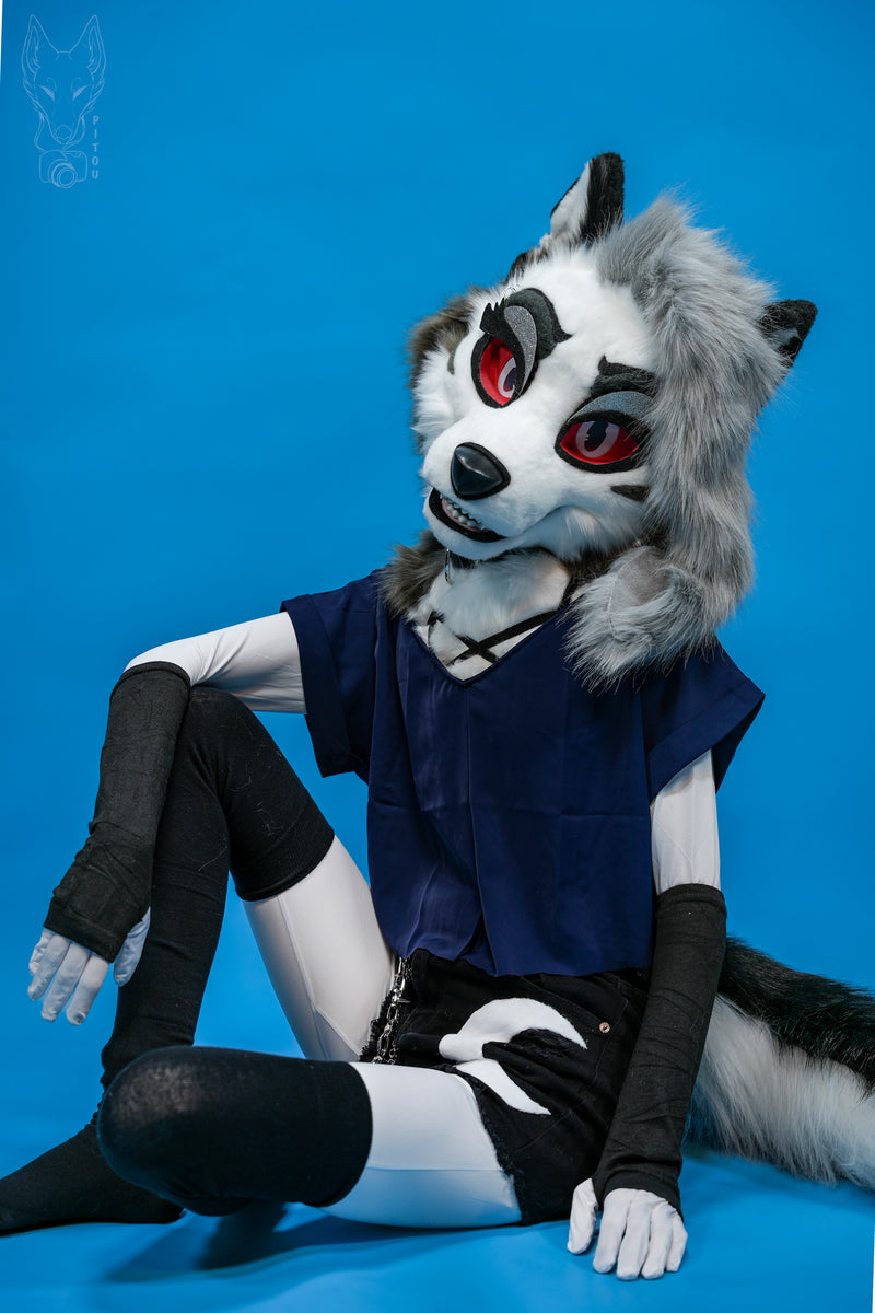 Person wearing a wolf mask and costume against a blue background