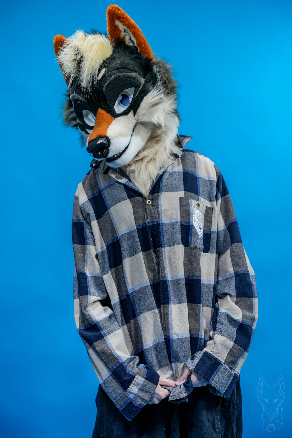 Person wearing a fox mask and plaid shirt against a blue background