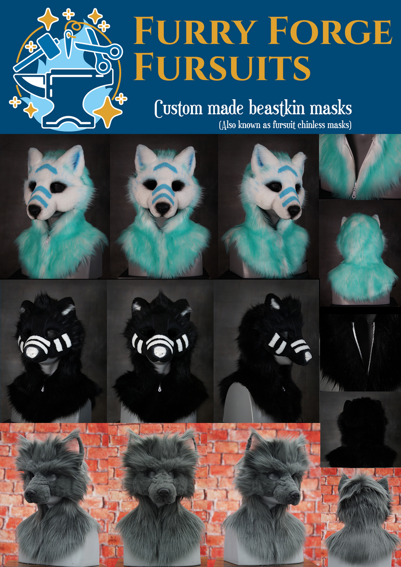 Advertisement for Furry Forge Fursuits featuring custom made beastkin masks.
