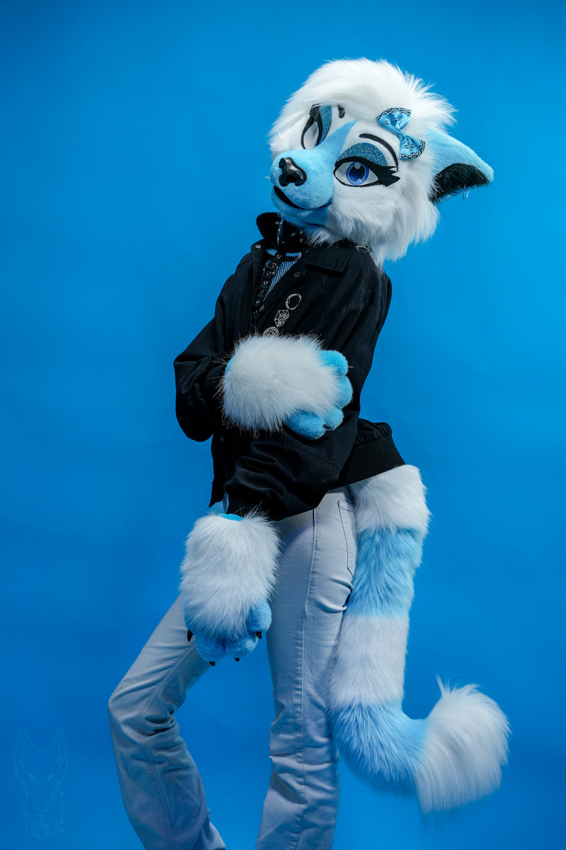 Person in a blue and white fur suit against a blue background